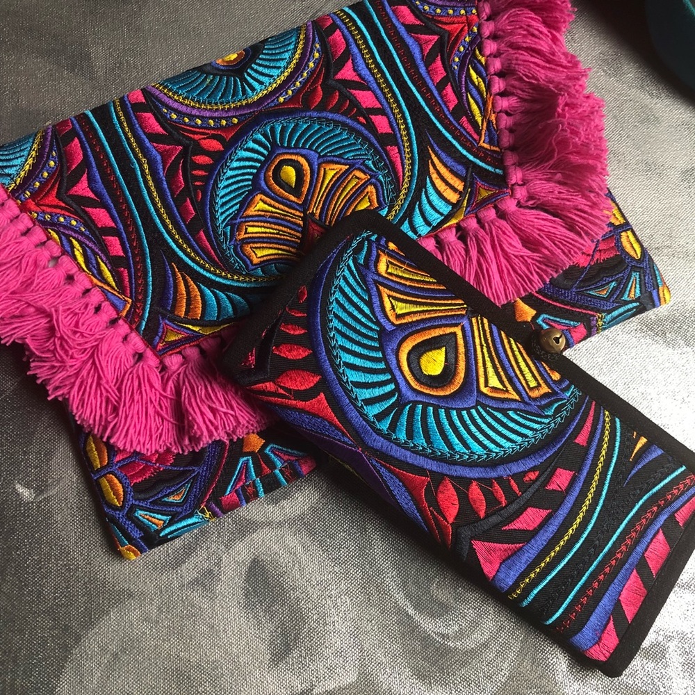 NWT Boho Ibiza pink tassel fringe envelope clutch - Picture 2 of 6